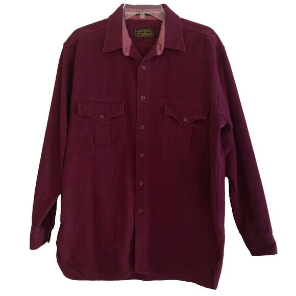 Eddie Bauer Chamois Shirt Mens L Burgundy Chest Pockets Cotton Flannel Button Up - Picture 3 of 14